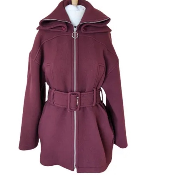 CARVEN France Oversized Wool Coat Jacket Belt Zip Front Hood Collar Pockets Rare - Picture 2 of 16